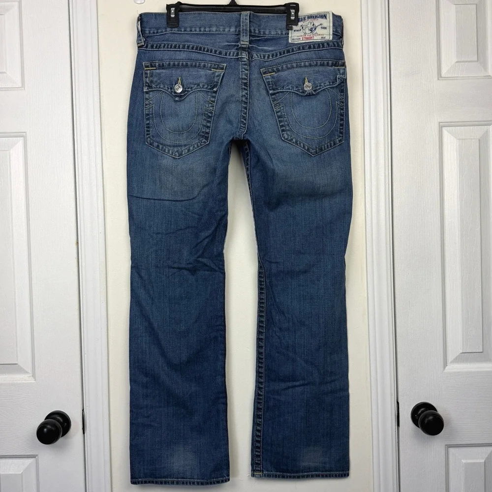 True Religion Straight Flap Jeans Mens 36x32 100% Cotton Distressed Ripped